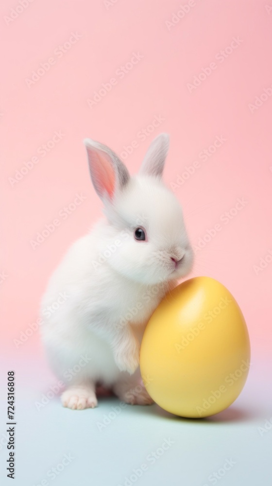 A small white rabbit cuddles up next to a bright yellow egg on a pink background. A small white rabbit cuddles up next to a bright yellow egg on a pink background.