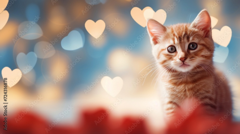 Cute ginger kitten sitting with heart-shaped bokeh lights backdrop.