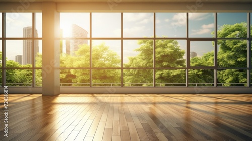 A bright and airy view of a green city park and urban skyline from a spacious room with large windows.