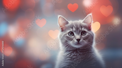 Gray cat with a curious gaze against a backdrop of Valentine's Day hearts bokeh.