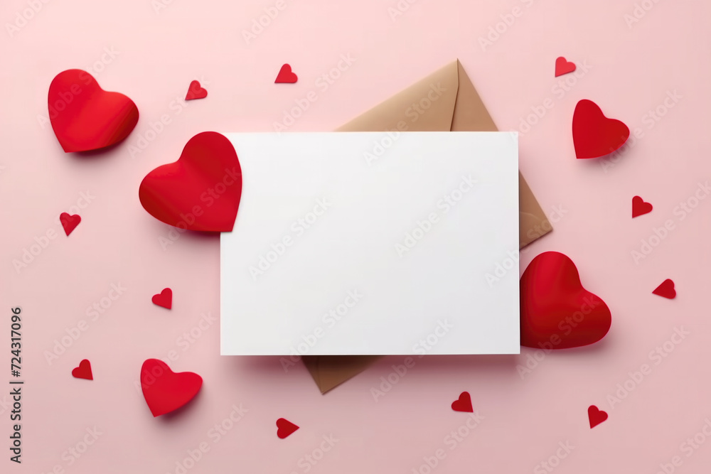 Blank valentine, mother's day greeting card with hearts around with copy space for text. Valentine's day. mother's day, romance, love, marriage invitation concept.
