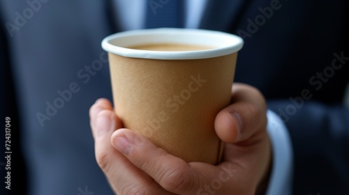 Close up of professional businessman holding an empty coffee to go paper cup in his hand