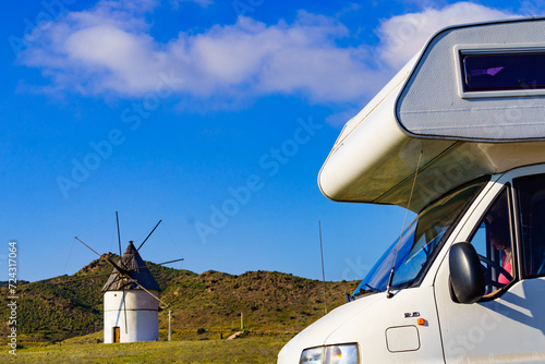 Caravan and wind mill in Spain