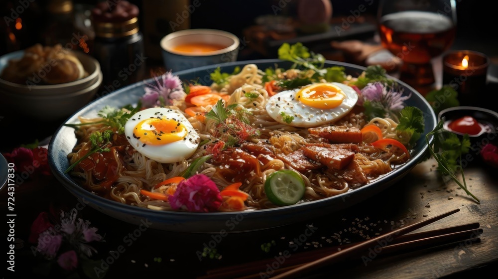 Delicious ramen noodles with egg topping on top, blur background Delicious ramen noodles with egg topping on top, blur background