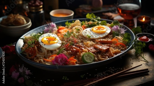 Delicious ramen noodles with egg topping on top, blur background