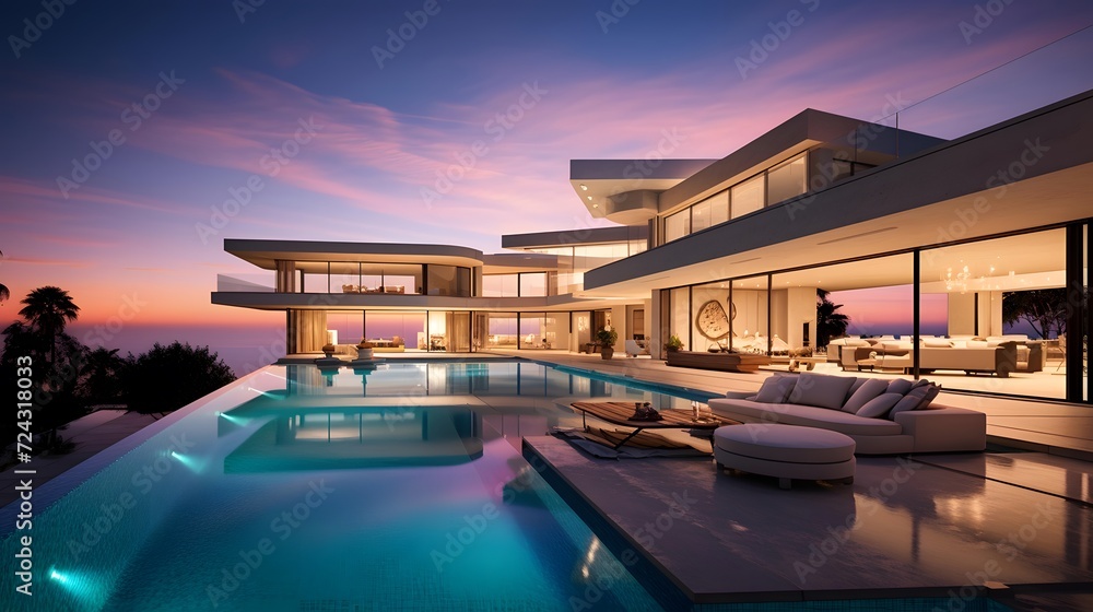 Swimming pool in a modern villa at sunset. Panorama