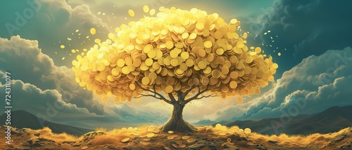 Gold Money tree of good luck and Feng Shui made of golden coins in green forest. Capital growth, investment, saving money, economy, finance and business concept
