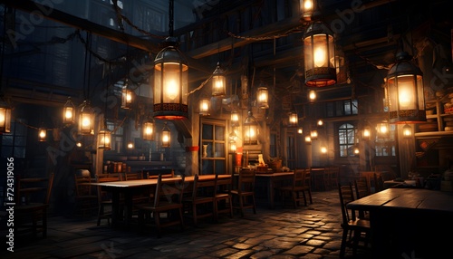 Night city street cafe with wooden tables and lanterns, panorama