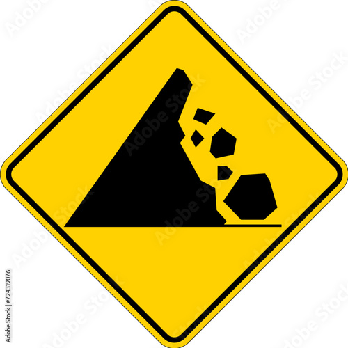 Road Warning Sign, Mountain Rocks Falling Symbol