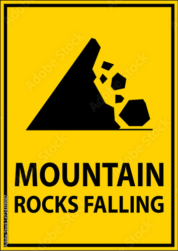 Road Warning Sign, Mountain Rocks Falling Symbol