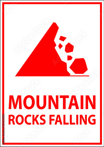 Road Warning Sign, Mountain Rocks Falling Symbol