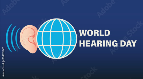 Banner for World Hearing Day with human ear and planet
