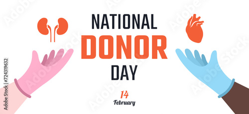 Hands with human internal organs and text NATIONAL DONOR DAY on white background