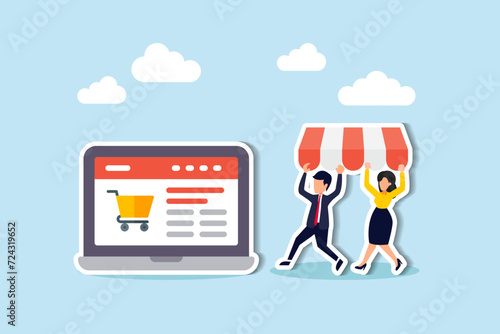 Open shop online, start e-commerce store selling product online, build website create virtual store in the internet concept, business people shop owner building new website on laptop computer.
