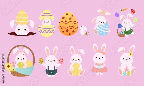 Set of cute bunnies with Easter eggs on pink background