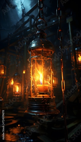 Lantern with burning candle in dark room. 3d rendering