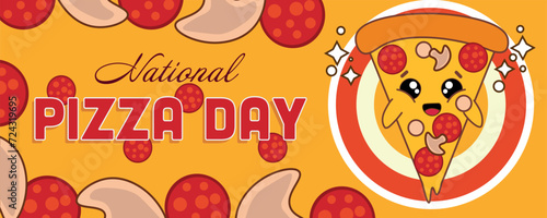 Banner for National Pizza Day with cute slice