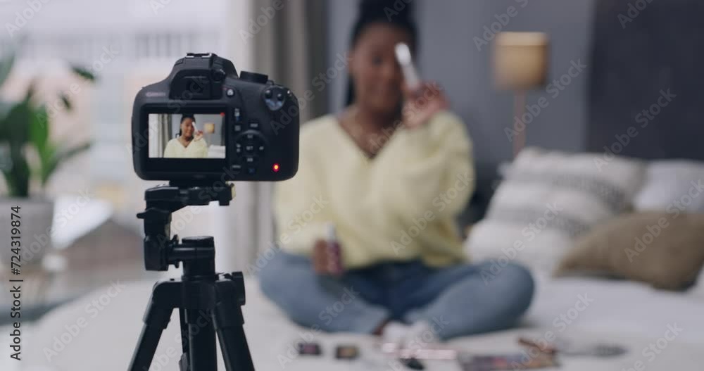 Live streaming, woman and influencer with makeup in home for product review, vlogger and beauty routine in bedroom. Skincare, black person and blog with instructions, discussion or cosmetics tutorial Live streaming, woman and influencer with makeup in home for product review, vlogger and beauty routine in bedroom. Skincare, black person and blog with instructions, discussion or cosmetics tutorial