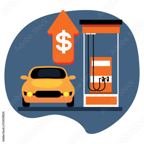 Car and petrol pump with arrow pointing up on white background. Concept of rising prices