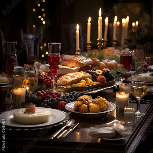 Festive table with different food for Christmas dinner. Selective focus.