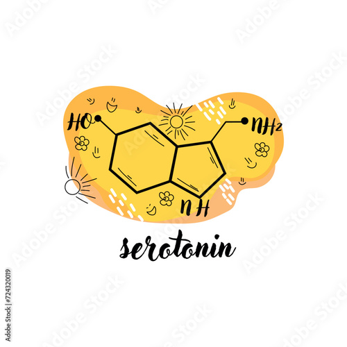 Structural chemical formula of serotonin hormone on white background