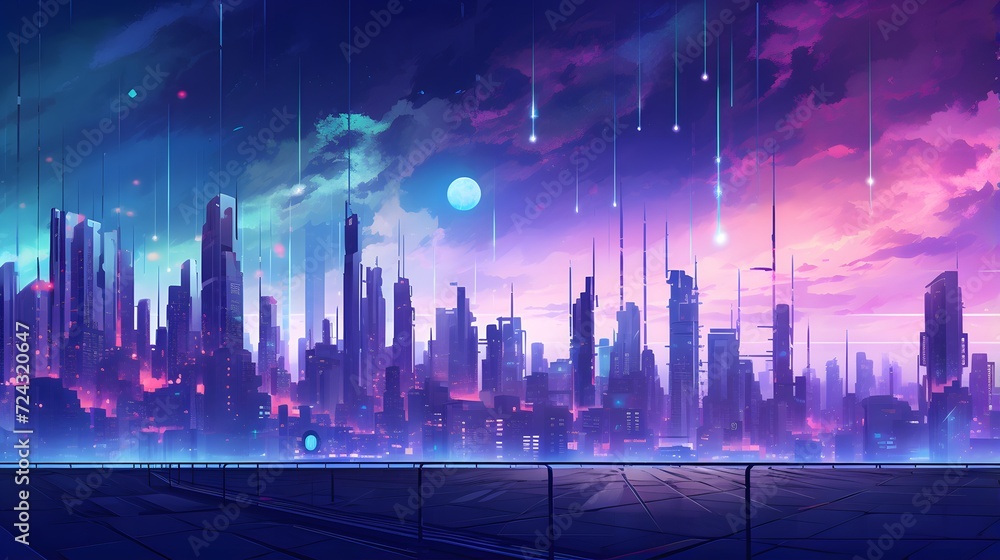 Futuristic city at night. Futuristic cityscape. Panoramic view of the city. Vector illustration.
