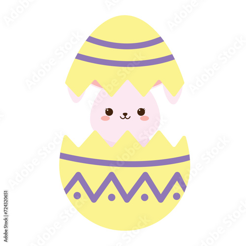 Cute bunny hatched from Easter egg on white background