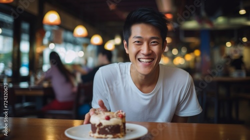 Cheerful young Asian man eating cake in a bustling cafe environment, expressing happiness.