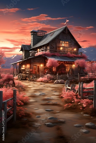 Abandoned wooden house in the mountains at sunset, 3d rendering