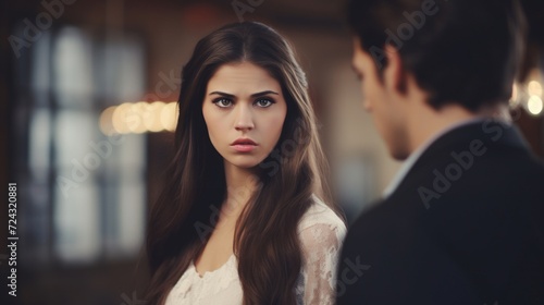 Wallpaper Mural An intense gaze from a young woman towards a man in a formal setting suggests a deep conversation or conflict. Torontodigital.ca