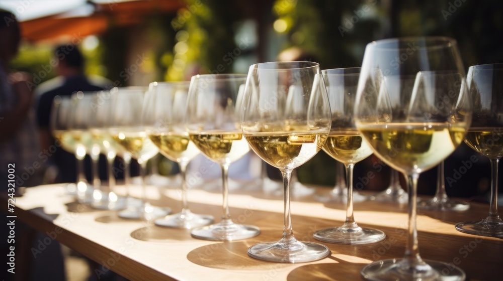 Row of filled white wine glasses on a wooden table at a wine tasting event, with a soft focus background. Row of filled white wine glasses on a wooden table at a wine tasting event, with a soft focus background.