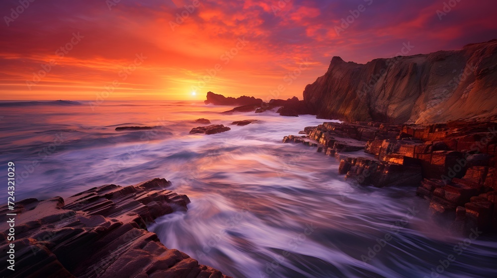 Beautiful panoramic seascape at sunset, long exposure