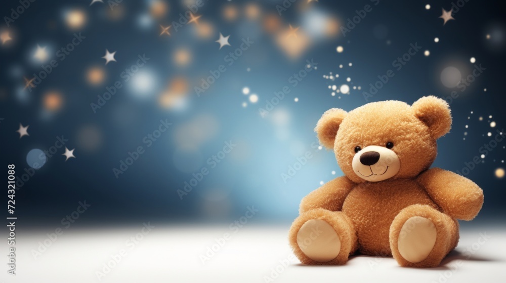 A plush teddy bear in front of a dreamy, starry background, evoking a feeling of childhood wonder and fantasy. A plush teddy bear in front of a dreamy, starry background, evoking a feeling of childhood wonder and fantasy.