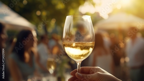 A hand elegantly holding a glass of white wine during a social outdoor event, with a sunlit, bokeh-filled background.