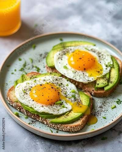 Seasoning avocado toast on plate light green spots, sprinkled with black pepper, beside the plate there is orange juice