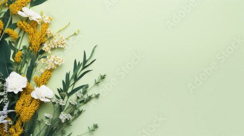 A creative flat lay of white roses and yellow solidago flowers on a soft pastel green background for a tranquil feel. photo