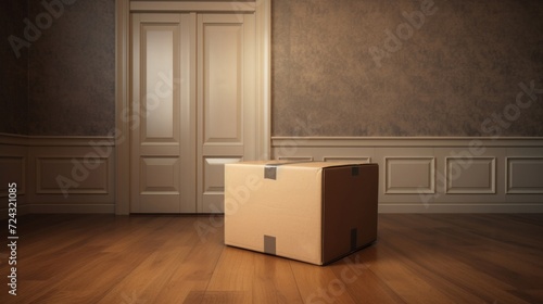A lone cardboard box sits on a polished wooden floor  implying a move or delivery in a room with classic wainscoting walls.