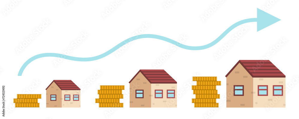 Drawn houses with coins and increasing arrow on white background. Concept of rising prices Drawn houses with coins and increasing arrow on white background. Concept of rising prices