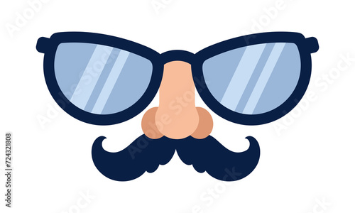 Mask with nose and mustache. Comic glasses for a party, masquerade, carnival. Joke, funny toy with a human face. Hand drawn vector icon isolated on white. Flat cartoon clipart for posters, print, web