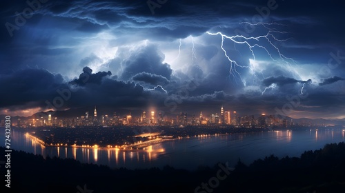 Thunderstorm over the city at night. Panoramic view.
