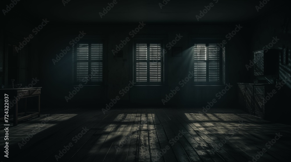Image of a dimly lit room with windows through which soft light passes. Image of a dimly lit room with windows through which soft light passes.