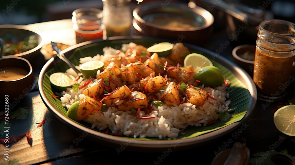 A bowl of rice and coconut milk in the style of indian cusine A bowl of rice and coconut milk in the style of indian cusine