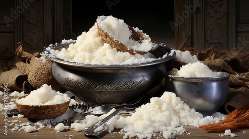 A bowl of rice and coconut milk in the style of indian cusine