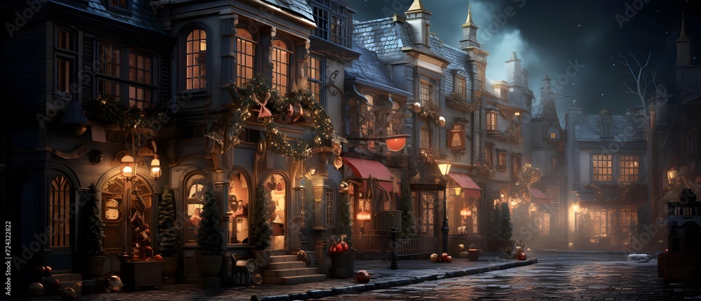 Old european town at night with christmas decorations and lights