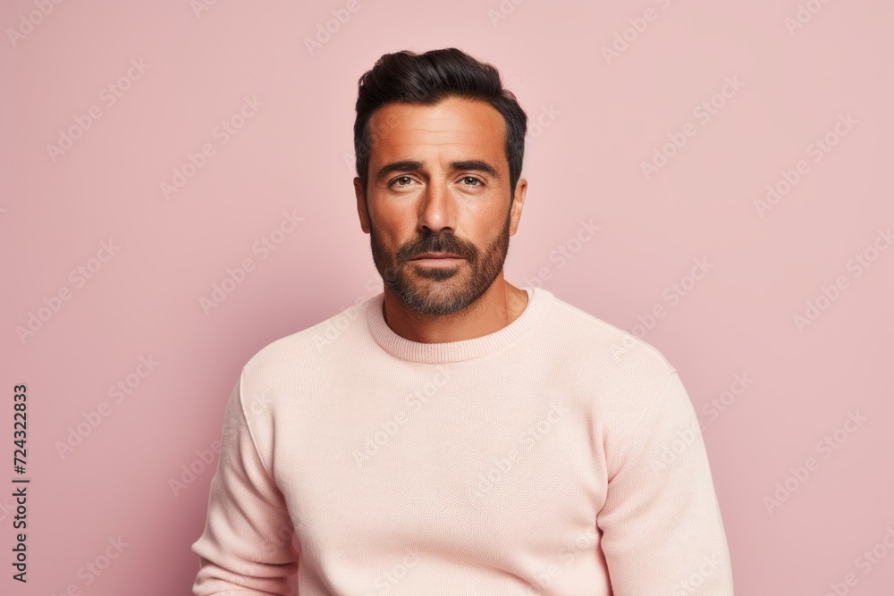 Handsome bearded man looking at camera and smiling while standing against pink background Handsome bearded man looking at camera and smiling while standing against pink background