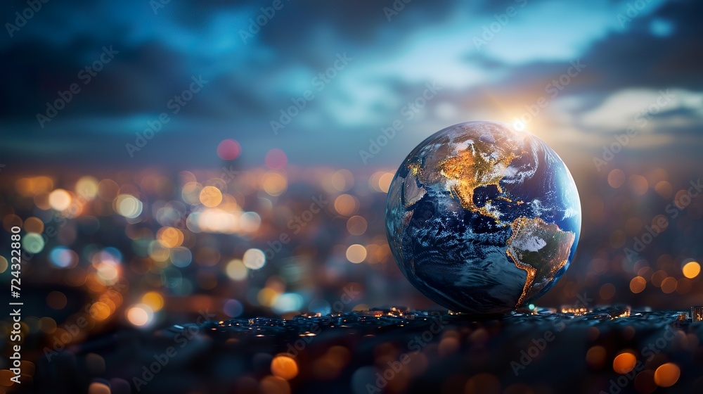 Abstract background of planet earth with blurred background of city lights. Realistic planet earth isolated on lights background. Ecology, business or politics concept. - obrazy, fototapety, plakaty 