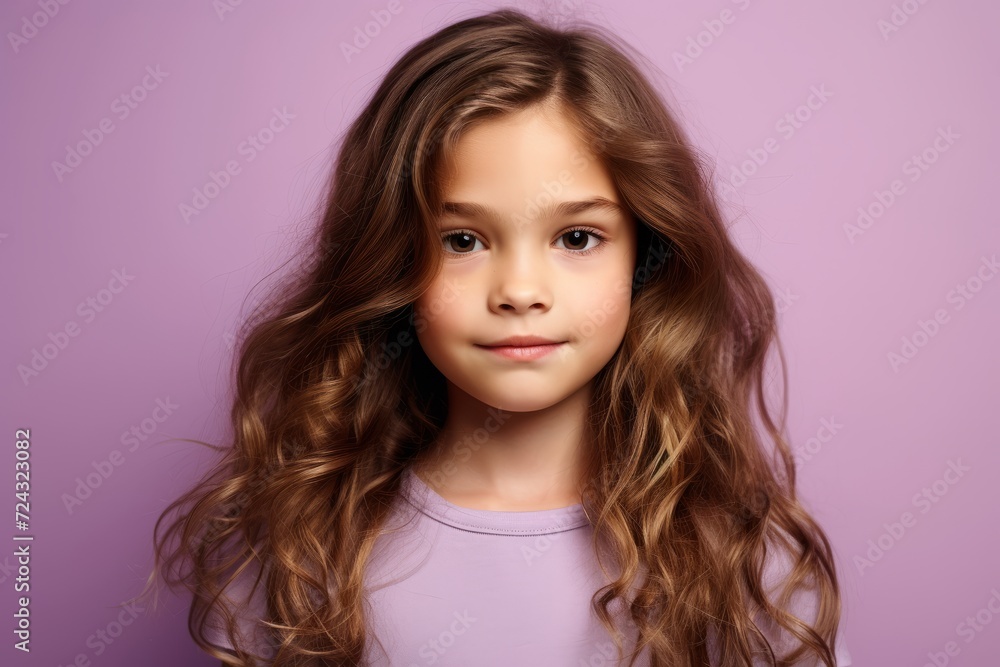 Cute little girl with long curly hair posing over violet background. Cute little girl with long curly hair posing over violet background.