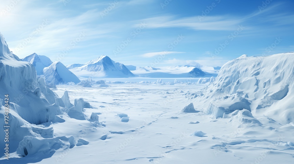 Image of a frozen landscape with deep cracks.