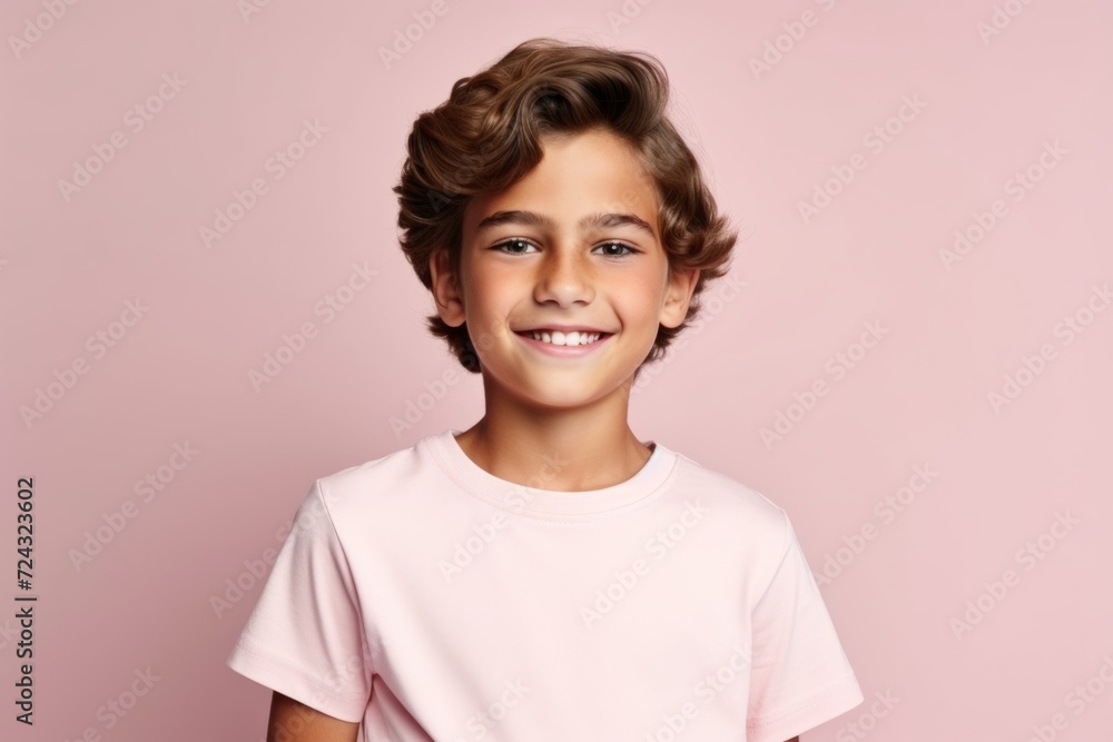 Portrait of a cute smiling little boy with curly hair over pink background Portrait of a cute smiling little boy with curly hair over pink background