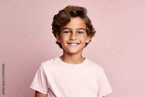 Portrait of a cute smiling little boy with curly hair over pink background